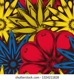 Seamless floral background. Tracery handmade nature ethnic fabric backdrop pattern with flowers. Textile design texture. Decorative color art. Vector