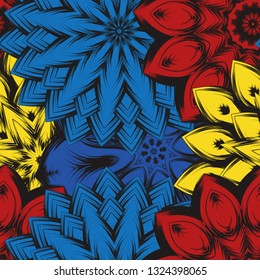 Seamless floral background. Tracery handmade nature ethnic fabric backdrop pattern with flowers. Textile design texture. Decorative color art. Vector