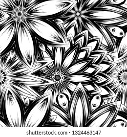 Seamless floral background. Tracery handmade nature ethnic fabric backdrop pattern with saturated dark flowers. Textile design texture. Decorative binary monochrome black and white art. Vector