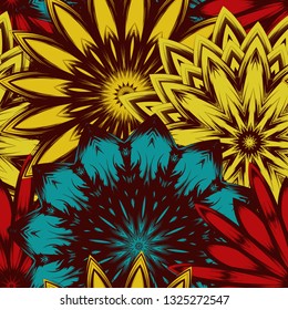 Seamless floral background. Tracery handmade nature ethnic fabric backdrop pattern with flowers. Textile design texture. Decorative color art. Vector