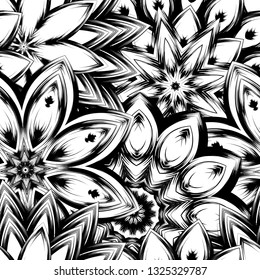 Seamless floral background. Tracery handmade nature ethnic fabric backdrop pattern with saturated dark flowers. Textile design texture. Decorative binary monochrome black and white art. Vector