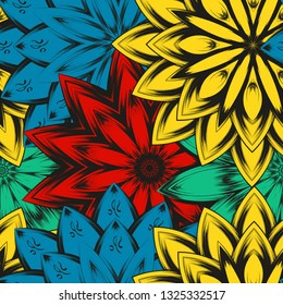 Seamless floral background. Tracery handmade nature ethnic fabric backdrop pattern with flowers. Textile design texture. Decorative color art. Vector