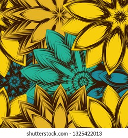 Seamless floral background. Tracery handmade nature ethnic fabric backdrop pattern with flowers. Textile design texture. Decorative color art. Vector