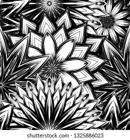 Seamless floral background. Tracery handmade nature ethnic fabric backdrop pattern with saturated dark flowers. Textile design texture. Decorative binary monochrome black and white art. Vector