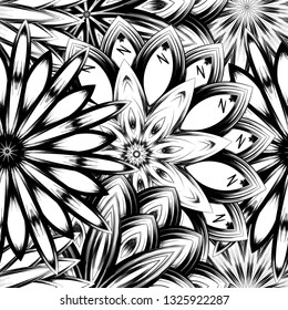 Seamless floral background. Tracery handmade nature ethnic fabric backdrop pattern with saturated dark flowers. Textile design texture. Decorative binary monochrome black and white art. Vector