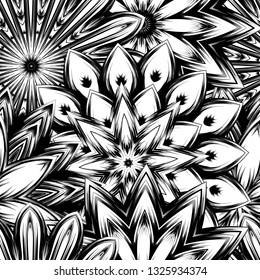 Seamless floral background. Tracery handmade nature ethnic fabric backdrop pattern with saturated dark flowers. Textile design texture. Decorative binary monochrome black and white art. Vector