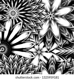 Seamless floral background. Tracery handmade nature ethnic fabric backdrop pattern with saturated dark flowers. Textile design texture. Decorative binary monochrome black and white art. Vector