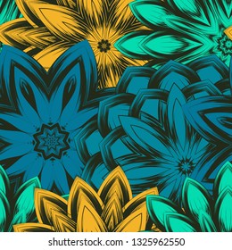 Seamless floral background. Tracery handmade nature ethnic fabric backdrop pattern with flowers. Textile design texture. Decorative color art. Vector