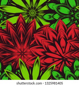 Seamless floral background. Tracery handmade nature ethnic fabric backdrop pattern with flowers. Textile design texture. Decorative color art. Vector