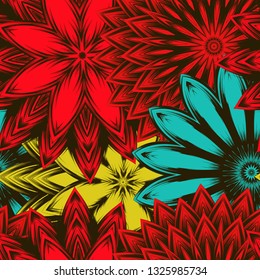 Seamless floral background. Tracery handmade nature ethnic fabric backdrop pattern with flowers. Textile design texture. Decorative color art. Vector