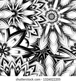 Seamless floral background. Tracery handmade nature ethnic fabric backdrop pattern with saturated dark flowers. Textile design texture. Decorative binary monochrome black and white art. Vector