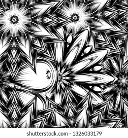 Seamless floral background. Tracery handmade nature ethnic fabric backdrop pattern with saturated dark flowers. Textile design texture. Decorative binary monochrome black and white art. Vector