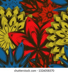 Seamless floral background. Tracery handmade nature ethnic fabric backdrop pattern with flowers. Textile design texture. Decorative color art. Vector