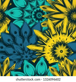 Seamless floral background. Tracery handmade nature ethnic fabric backdrop pattern with flowers. Textile design texture. Decorative color art. Vector