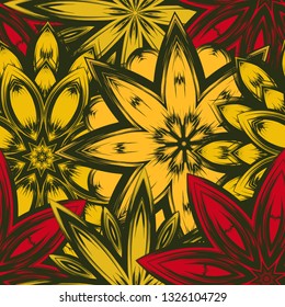 Seamless floral background. Tracery handmade nature ethnic fabric backdrop pattern with flowers. Textile design texture. Decorative color art. Vector