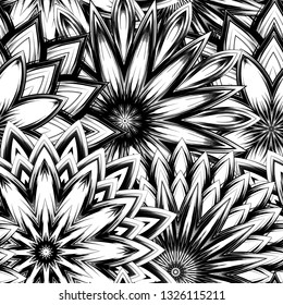 Seamless floral background. Tracery handmade nature ethnic fabric backdrop pattern with saturated dark flowers. Textile design texture. Decorative binary monochrome black and white art. Vector