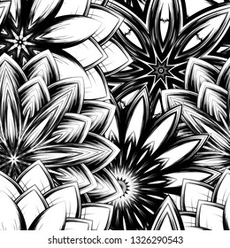 Seamless floral background. Tracery handmade nature ethnic fabric backdrop pattern with saturated dark flowers. Textile design texture. Decorative binary monochrome black and white art. Vector
