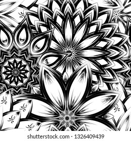 Seamless floral background. Tracery handmade nature ethnic fabric backdrop pattern with saturated dark flowers. Textile design texture. Decorative binary monochrome black and white art. Vector