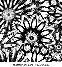 Seamless floral background. Tracery handmade nature ethnic fabric backdrop pattern with saturated dark flowers. Textile design texture. Decorative binary monochrome black and white art. Vector