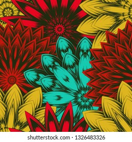 Seamless floral background. Tracery handmade nature ethnic fabric backdrop pattern with flowers. Textile design texture. Decorative color art. Vector