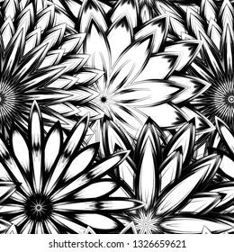 Seamless floral background. Tracery handmade nature ethnic fabric backdrop pattern with saturated dark flowers. Textile design texture. Decorative binary monochrome black and white art. Vector