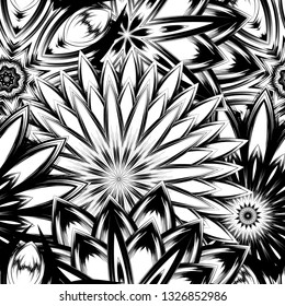 Seamless floral background. Tracery handmade nature ethnic fabric backdrop pattern with saturated dark flowers. Textile design texture. Decorative binary monochrome black and white art. Vector