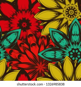 Seamless floral background. Tracery handmade nature ethnic fabric backdrop pattern with flowers. Textile design texture. Decorative color art. Vector
