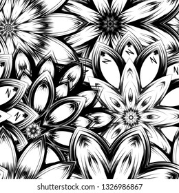 Seamless floral background. Tracery handmade nature ethnic fabric backdrop pattern with saturated dark flowers. Textile design texture. Decorative binary monochrome black and white art. Vector