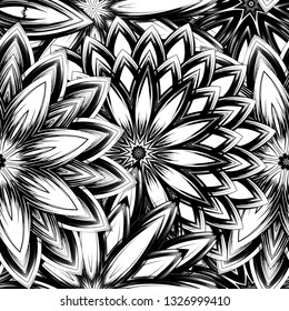 Seamless floral background. Tracery handmade nature ethnic fabric backdrop pattern with saturated dark flowers. Textile design texture. Decorative binary monochrome black and white art. Vector