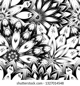 Seamless floral background. Tracery handmade nature ethnic fabric backdrop pattern with saturated dark flowers. Textile design texture. Decorative binary monochrome black and white art. Vector