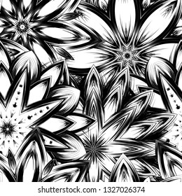 Seamless floral background. Tracery handmade nature ethnic fabric backdrop pattern with saturated dark flowers. Textile design texture. Decorative binary monochrome black and white art. Vector