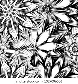 Seamless floral background. Tracery handmade nature ethnic fabric backdrop pattern with saturated dark flowers. Textile design texture. Decorative binary monochrome black and white art. Vector