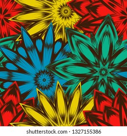 Seamless floral background. Tracery handmade nature ethnic fabric backdrop pattern with flowers. Textile design texture. Decorative color art. Vector