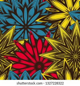 Seamless floral background. Tracery handmade nature ethnic fabric backdrop pattern with flowers. Textile design texture. Decorative color art. Vector