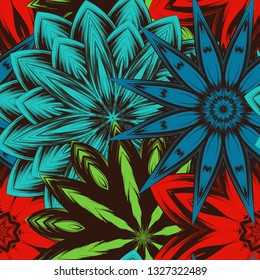 Seamless floral background. Tracery handmade nature ethnic fabric backdrop pattern with flowers. Textile design texture. Decorative color art. Vector