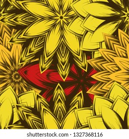 Seamless floral background. Tracery handmade nature ethnic fabric backdrop pattern with flowers. Textile design texture. Decorative color art. Vector