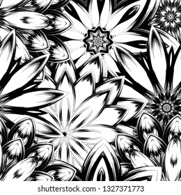 Seamless floral background. Tracery handmade nature ethnic fabric backdrop pattern with saturated dark flowers. Textile design texture. Decorative binary monochrome black and white art. Vector