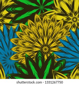 Seamless floral background. Tracery handmade nature ethnic fabric backdrop pattern with flowers. Textile design texture. Decorative color art. Vector