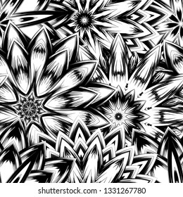 Seamless floral background. Tracery handmade nature ethnic fabric backdrop pattern with saturated dark flowers. Textile design texture. Decorative binary monochrome black and white art. Vector