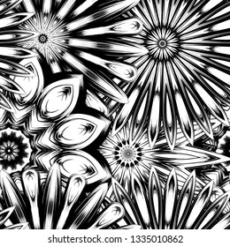 Seamless floral background. Tracery handmade nature ethnic fabric backdrop pattern with saturated dark flowers. Textile design texture. Decorative binary monochrome black and white art. Vector