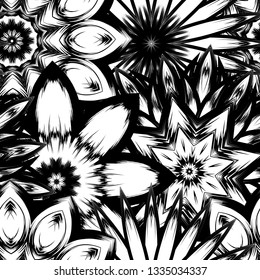 Seamless floral background. Tracery handmade nature ethnic fabric backdrop pattern with saturated dark flowers. Textile design texture. Decorative binary monochrome black and white art. Vector