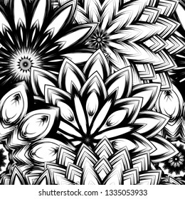 Seamless floral background. Tracery handmade nature ethnic fabric backdrop pattern with saturated dark flowers. Textile design texture. Decorative binary monochrome black and white art. Vector