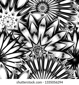 Seamless floral background. Tracery handmade nature ethnic fabric backdrop pattern with saturated dark flowers. Textile design texture. Decorative binary monochrome black and white art. Vector