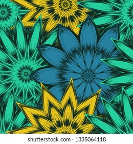 Seamless floral background. Tracery handmade nature ethnic fabric backdrop pattern with flowers. Textile design texture. Decorative color art. Vector
