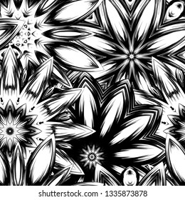 Seamless floral background. Tracery handmade nature ethnic fabric backdrop pattern with saturated dark flowers. Textile design texture. Decorative binary monochrome black and white art. Vector