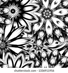 Seamless floral background. Tracery handmade nature ethnic fabric backdrop pattern with saturated dark flowers. Textile design texture. Decorative binary monochrome black and white art. Vector