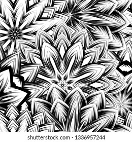 Seamless floral background. Tracery handmade nature ethnic fabric backdrop pattern with saturated dark flowers. Textile design texture. Decorative binary monochrome black and white art. Vector