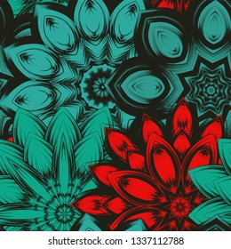 Seamless floral background. Tracery handmade nature ethnic fabric backdrop pattern with flowers. Textile design texture. Decorative color art. Vector
