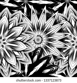 Seamless floral background. Tracery handmade nature ethnic fabric backdrop pattern with saturated dark flowers. Textile design texture. Decorative binary monochrome black and white art. Vector