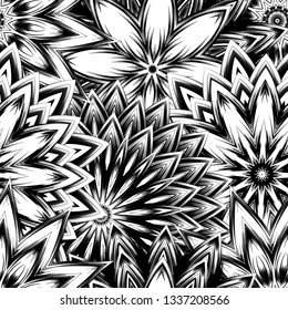 Seamless floral background. Tracery handmade nature ethnic fabric backdrop pattern with saturated dark flowers. Textile design texture. Decorative binary monochrome black and white art. Vector